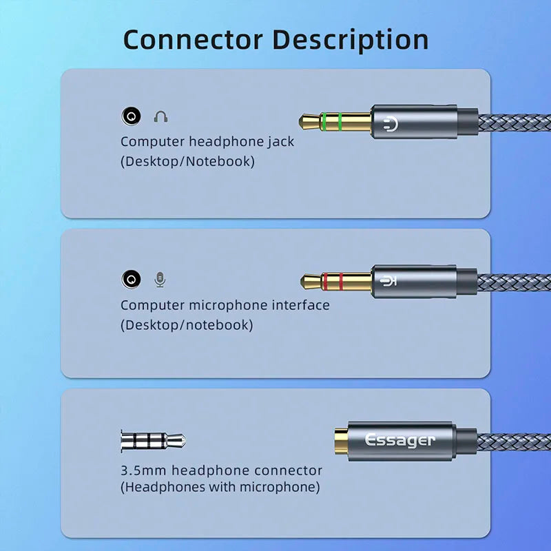 Essager Headphone Splitter Earphone Adapter Audio 3.5mm Female to 2 Male Jack Mic Y Splitter Aux Cable for PC Adapter Aux Cable