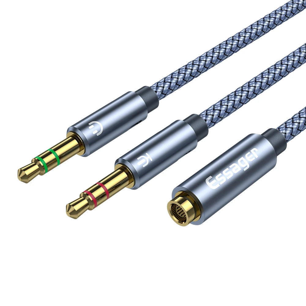 Essager Headphone Splitter Earphone Adapter Audio 3.5mm Female to 2 Male Jack Mic Y Splitter Aux Cable for PC Adapter Aux Cable