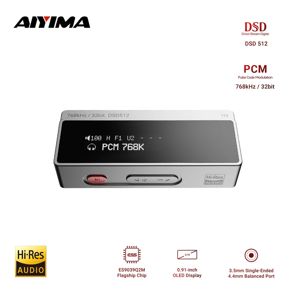 AIYIMA H4 Portable Hifi DAC Headphone Amplifer With Screen USB AMP Audio Hi-Res ES9039Q2M DSD512 4.4mm Balanced/3.5mm Jack