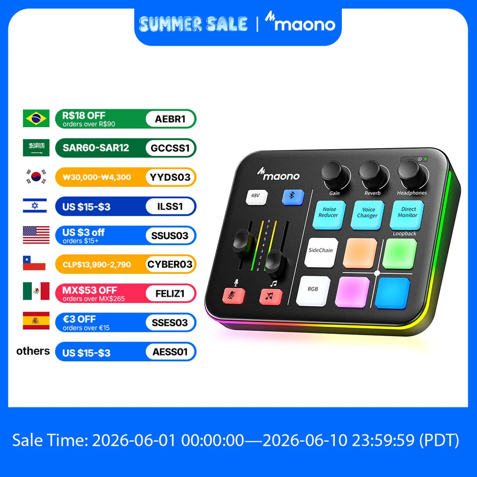 MAONO G1 NEO Gaming Audio Mixer Custom Sound Effects RGB Streaming with XLR Microphone Audio Interface for Game Voice Podcast