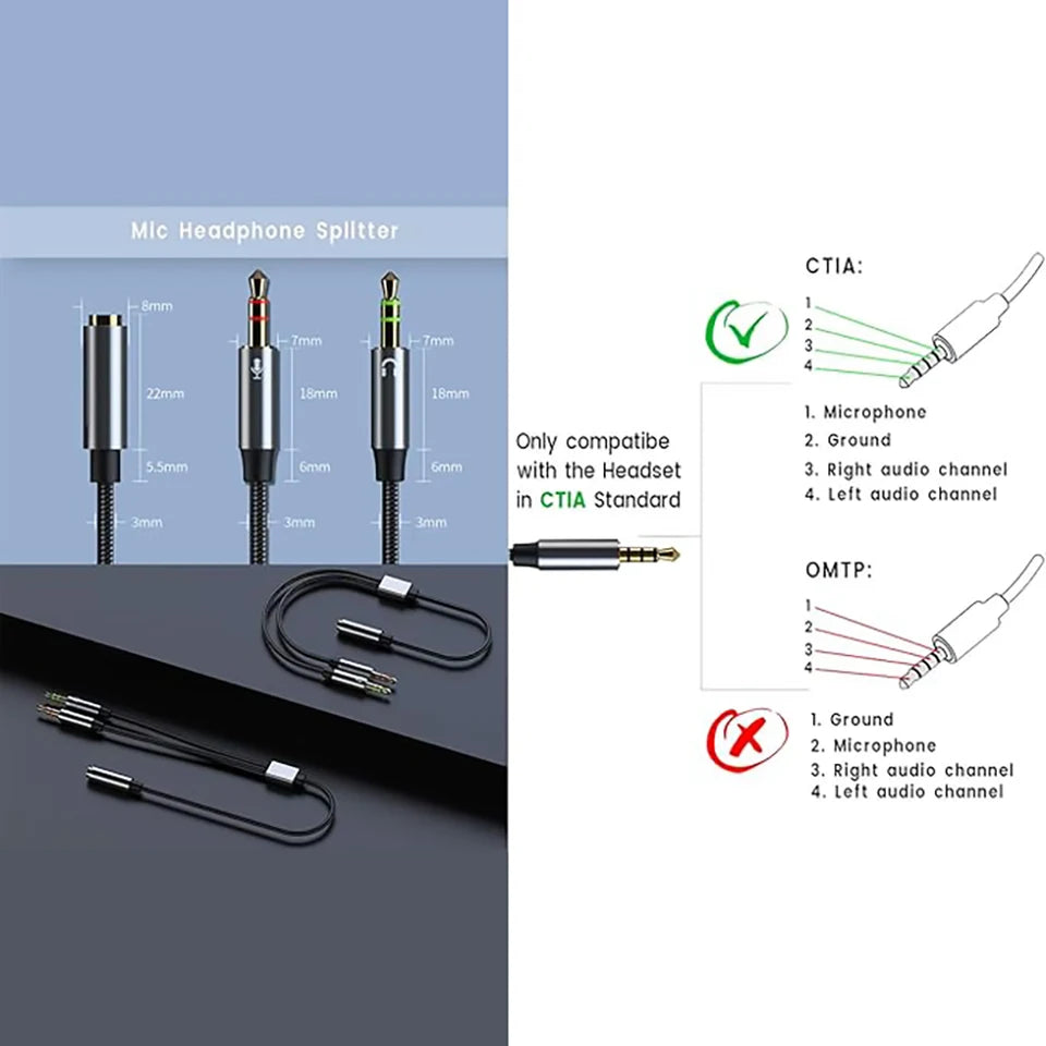 Headphone Splitter for Computer, 3.5mm Female to 2 Dual 3.5mm Male Audio Adapter, Compatible with Headset Microphone Gaming