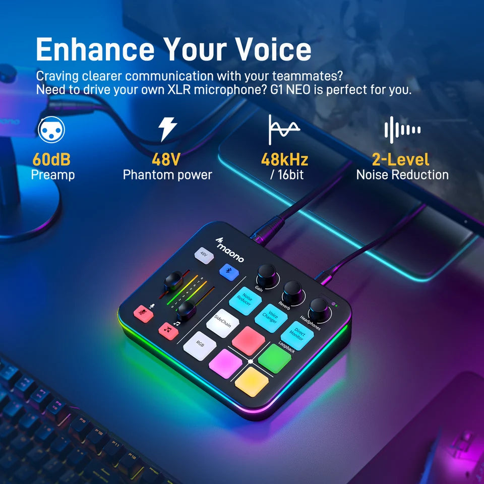 MAONO G1 NEO Gaming Audio Mixer Custom Sound Effects RGB Streaming with XLR Microphone Audio Interface for Game Voice Podcast