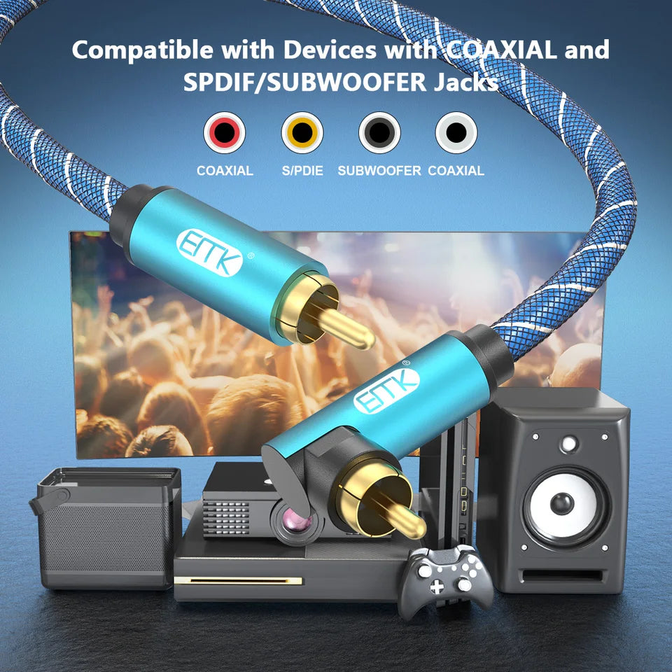 EMK Subwoofer Cable Right Angle Coaxial Audio Cable RCA Cable RCA to RCA 90 Degree Coaxial Cable for Smart-TV, Speaker Cable