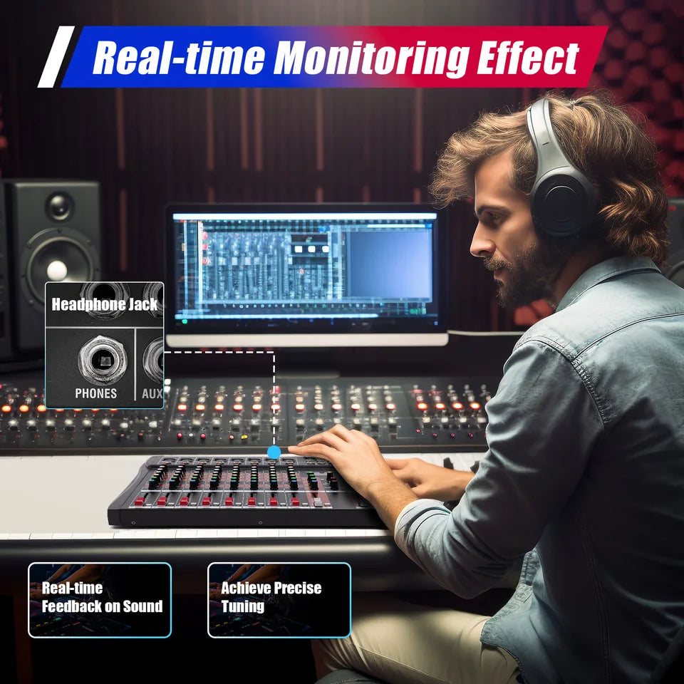 7/8-Channel Professioneller Mixer, Soundboard Konsole with Bluetooth USB PC Recording Input XLR Microphone Jack