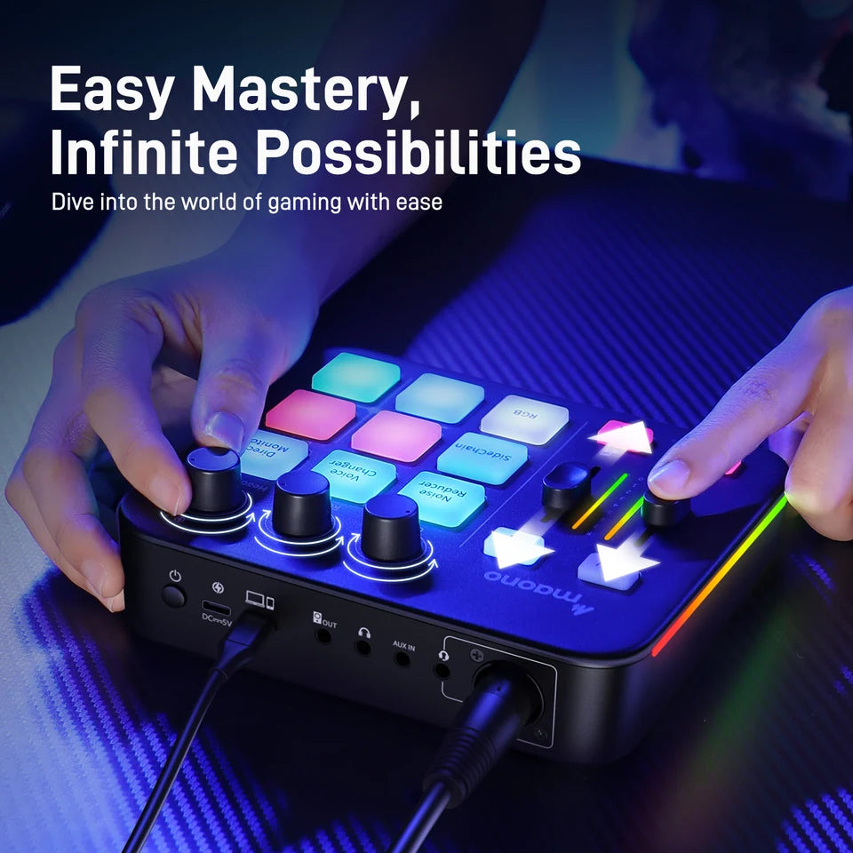 MAONO G1 NEO Gaming Audio Mixer Custom Sound Effects RGB Streaming with XLR Microphone Audio Interface for Game Voice Podcast