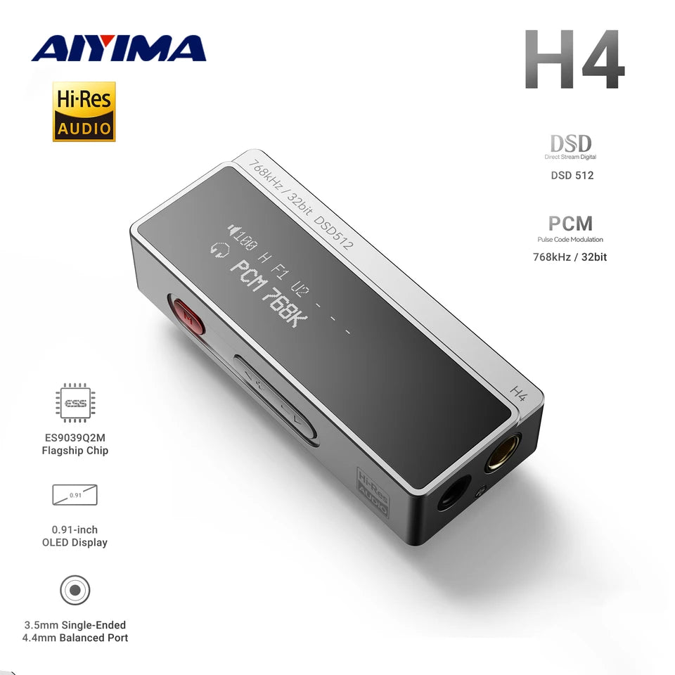 AIYIMA H4 Portable Hifi DAC Headphone Amplifer With Screen USB AMP Audio Hi-Res ES9039Q2M DSD512 4.4mm Balanced/3.5mm Jack